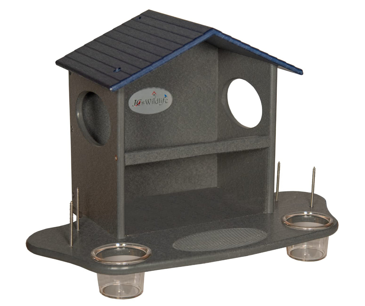 JCS Wildlife Squirrel Snack Station with metal stakes and plastic cups for feeding squirrels.