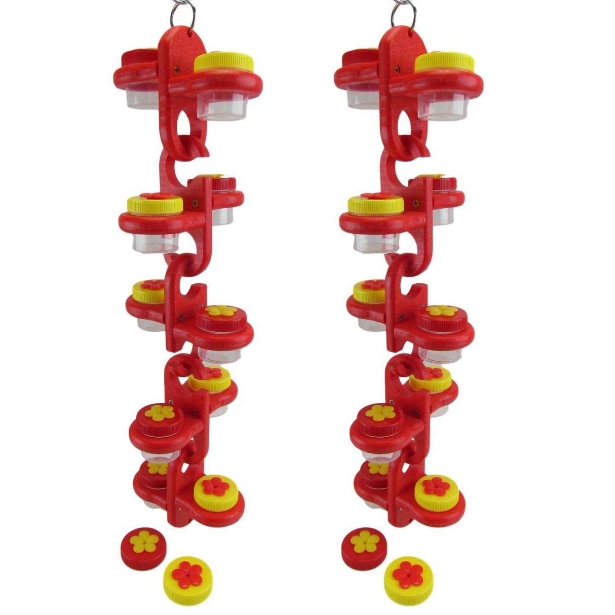 Product shot of two red and yellow bird feeders with small clear containers and flower-shaped lids against a white background