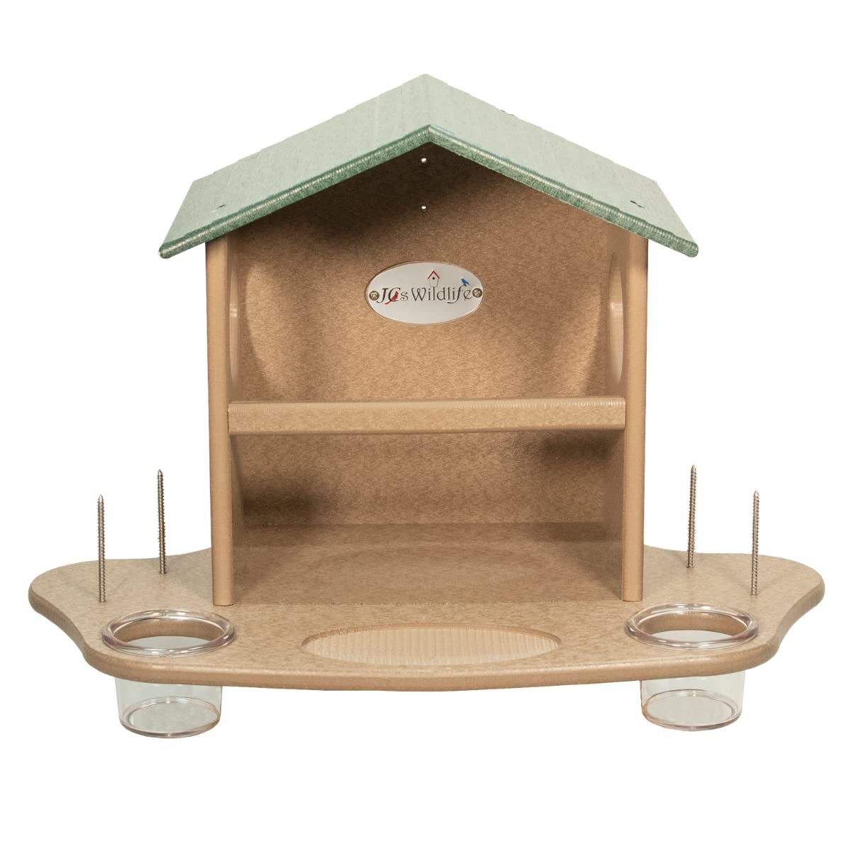 JCS Wildlife Squirrel Snack Station featuring feeding area, stakes, and water cups for squirrels.