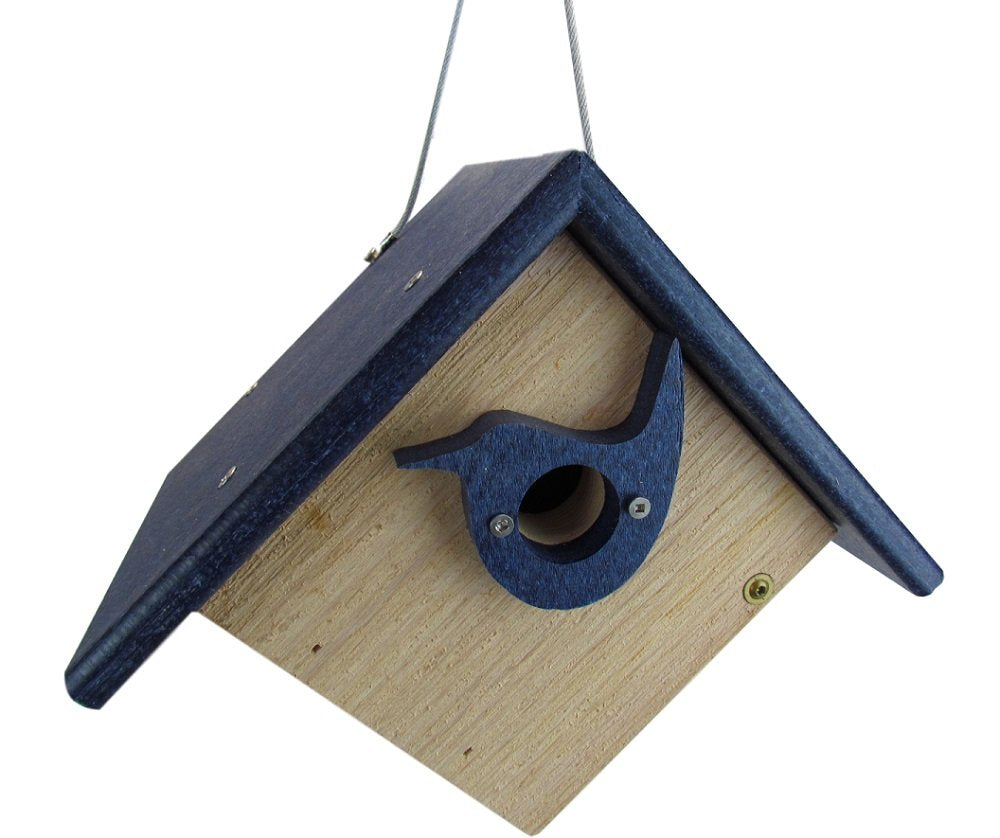 Wooden birdhouse with a dark blue roof and bird-shaped entrance hole showcasing a natural wood body and brass colored screws