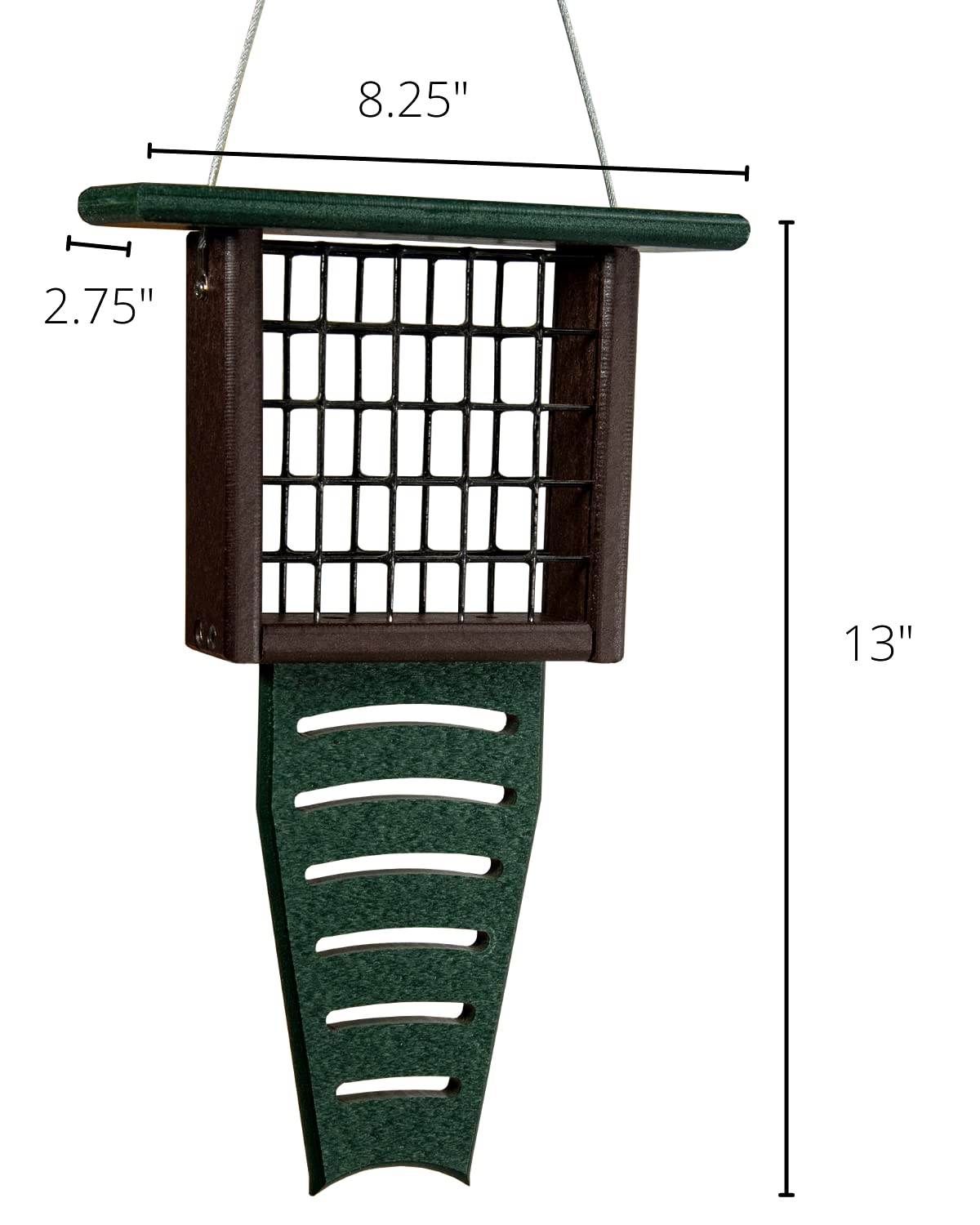 Product shot showing a dark brown and green recycled plastic hanging bird feeder with a wire mesh cage and a unique perch featuring seven cutouts
