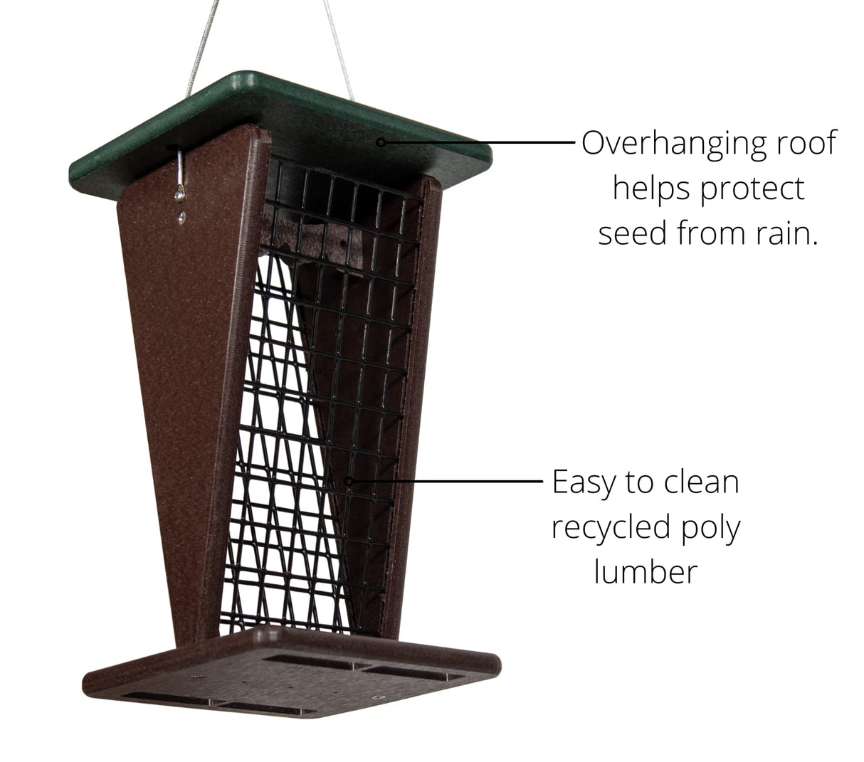 Recycled poly lumber bird feeder showing a dark brown body a green top and a black wire mesh a hanging design with an overhanging roof for weather protection