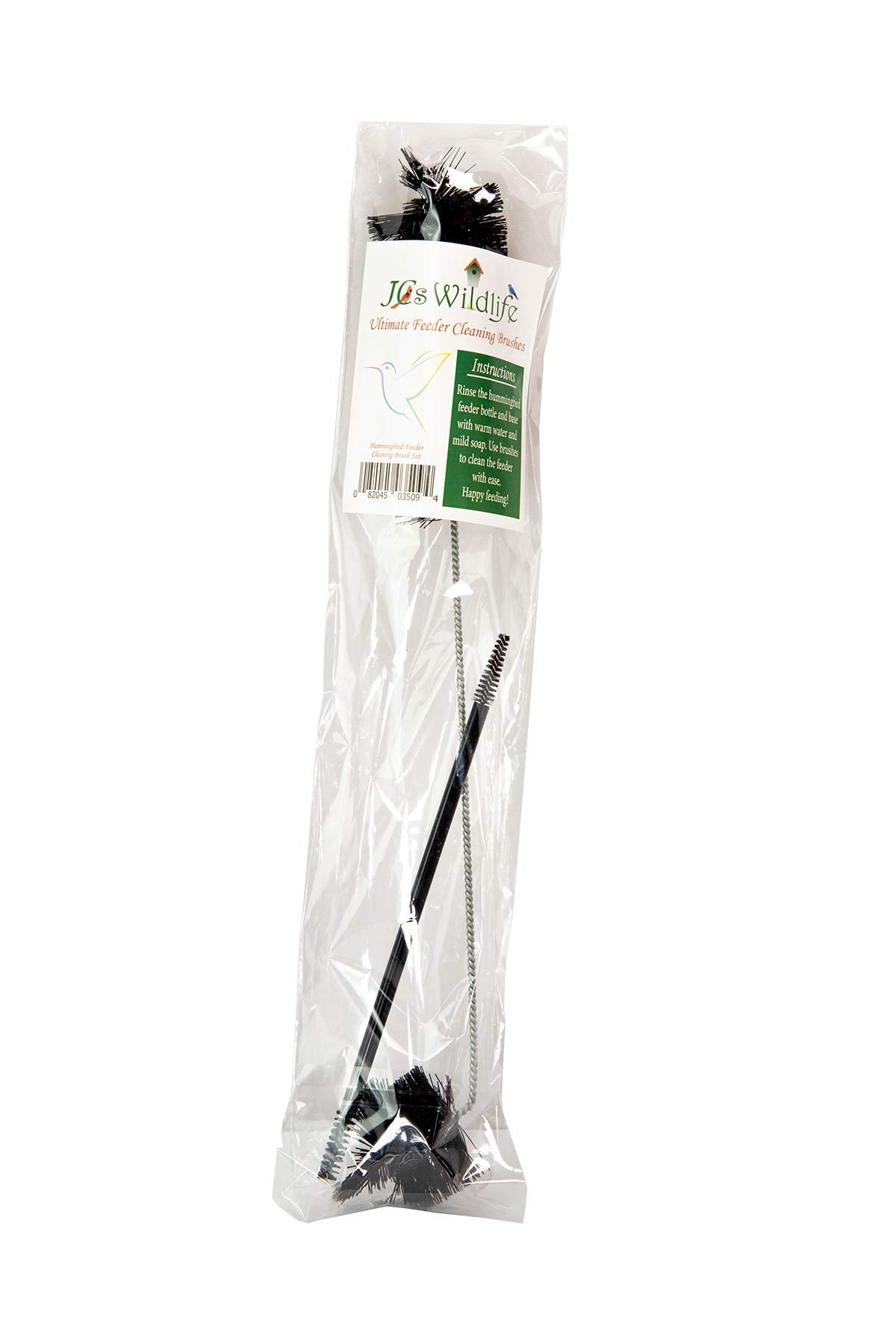JCs Wildlife hummingbird feeder cleaning brushes set featuring two black brushes with nylon bristles a flexible gray wire and a hummingbird graphic on the packaging
