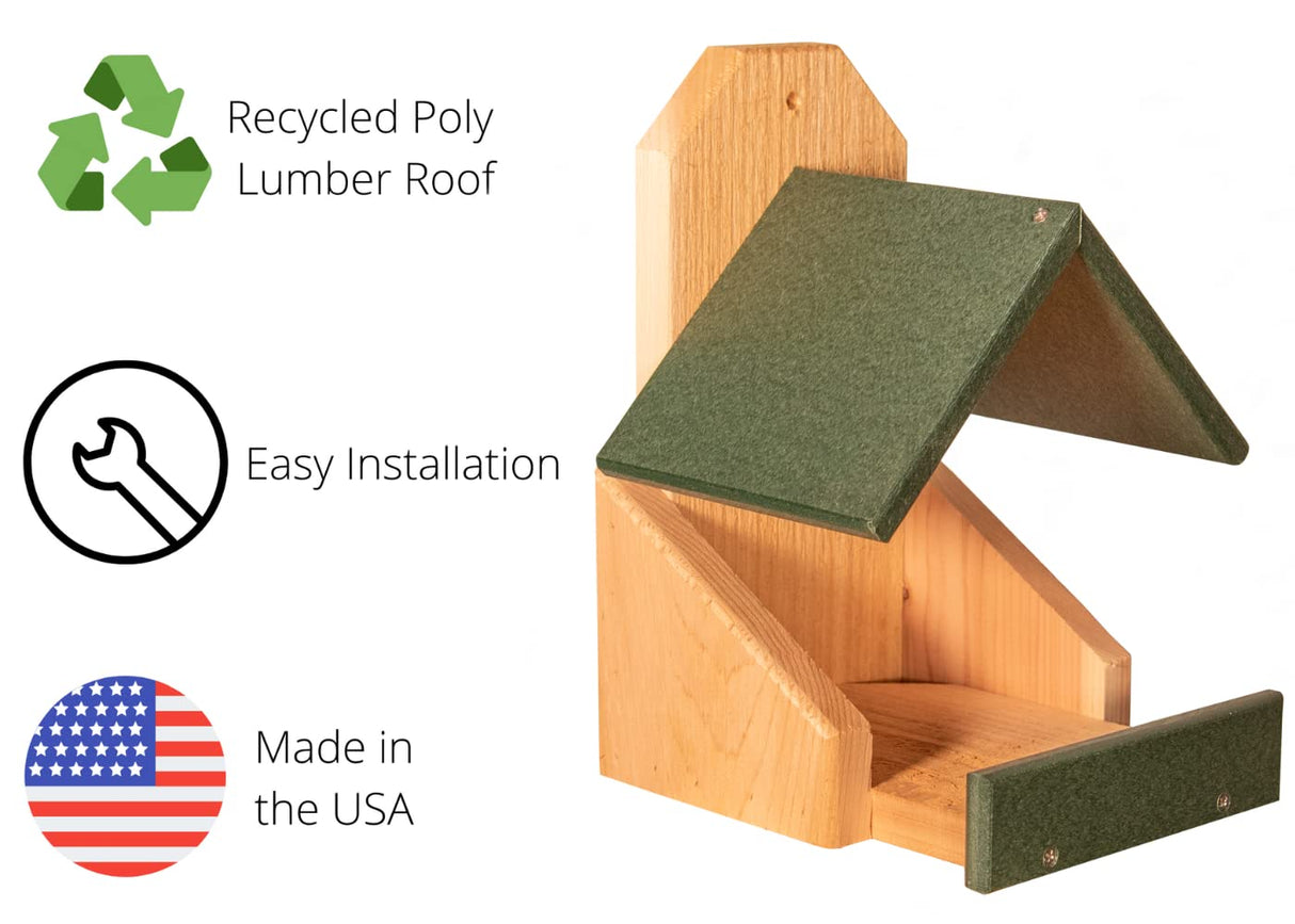 Wooden bird feeder with a recycled poly lumber roof and green accents easy to install made in the USA