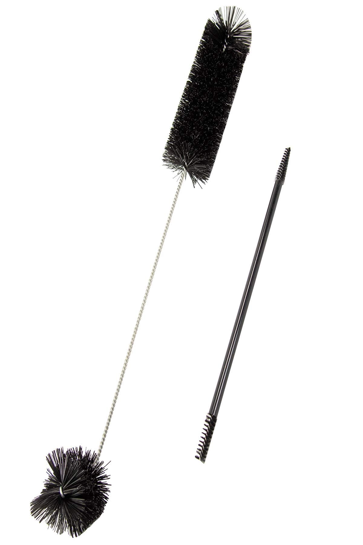 Product shot showing two bottle cleaning brushes with black bristles one with a twisted silver wire handle and the other with a black plastic handle against a white background