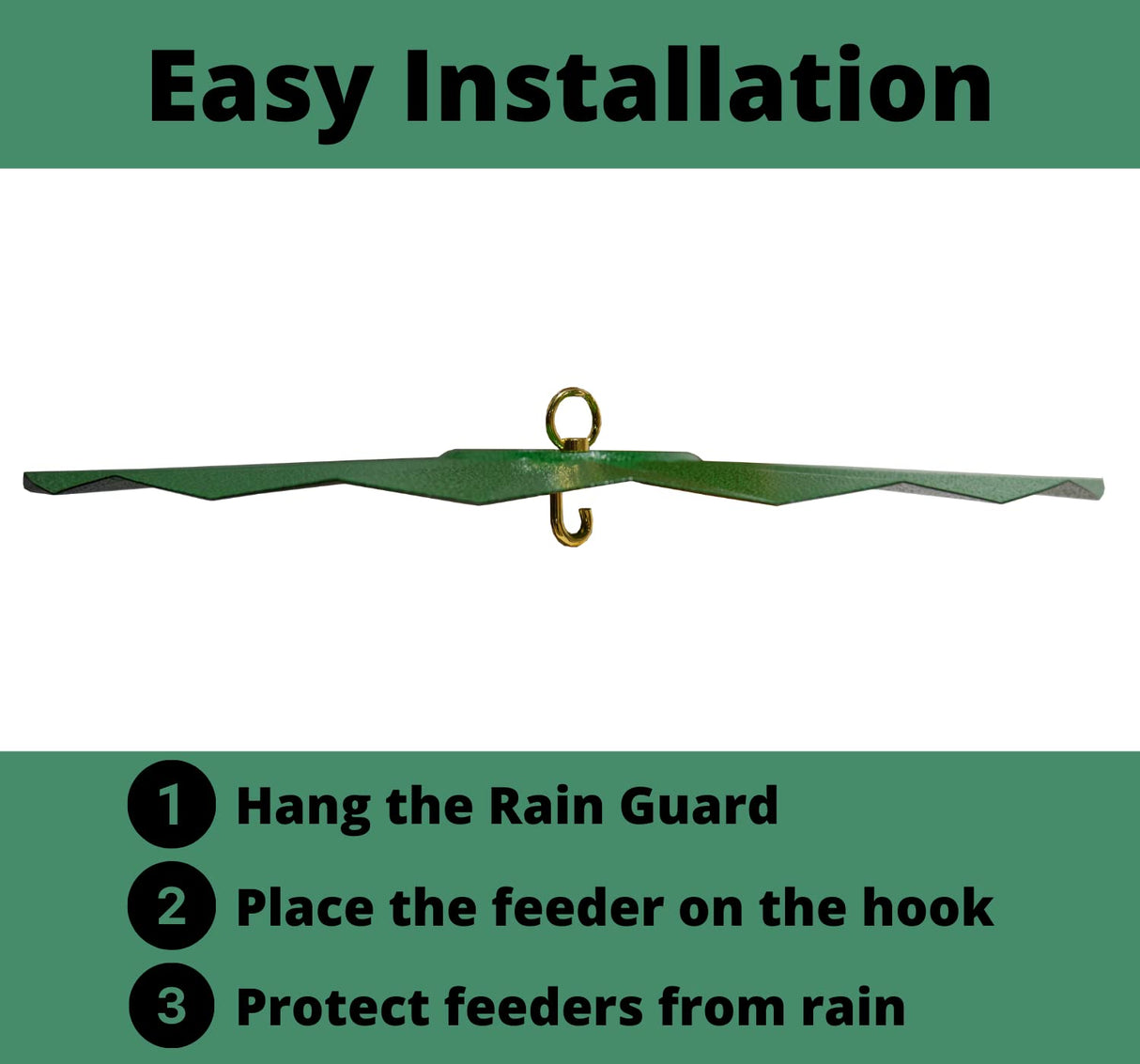 Easy installation steps for JCS Wildlife 16" Rain Guard with instructions: hang, place feeder, protect from rain.