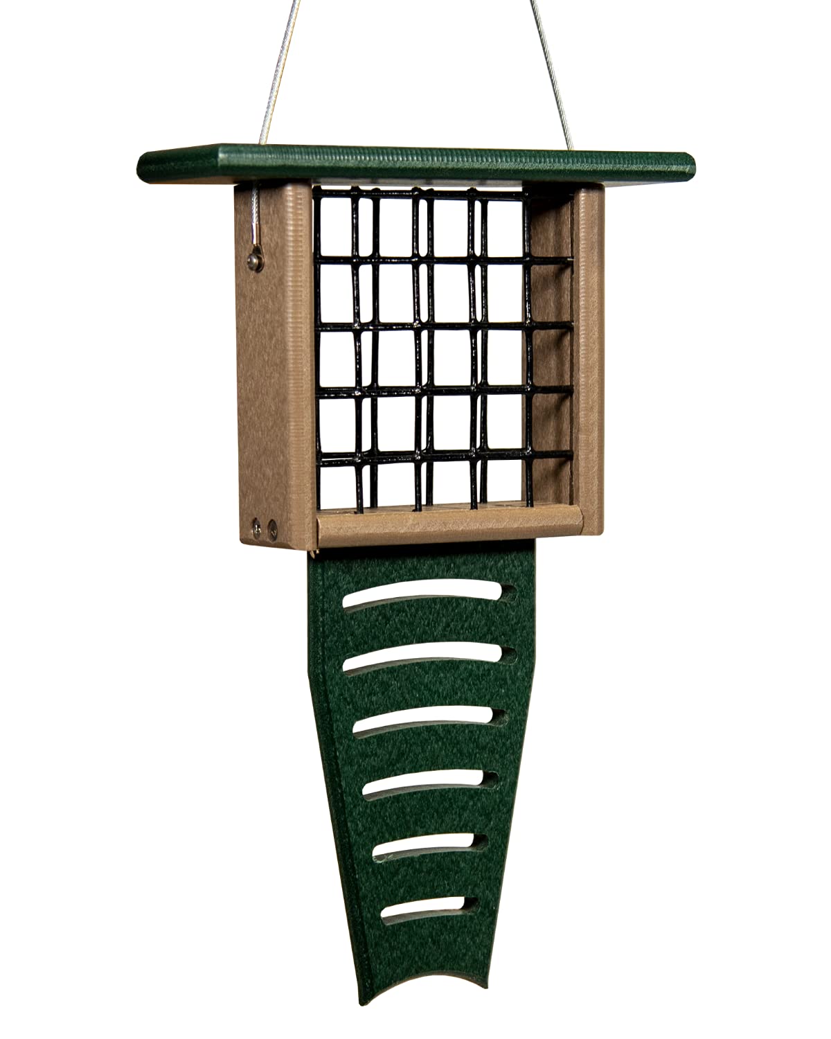 Recycled plastic bird feeder with a green roof and tan body featuring a black wire mesh and a unique green perch