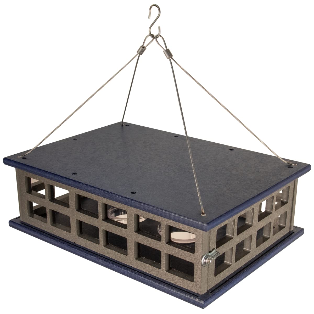 JCS Wildlife Recycled Poly Lumber Deluxe Caged Platform Bluebird Feeder with mealworm cups hanging design.