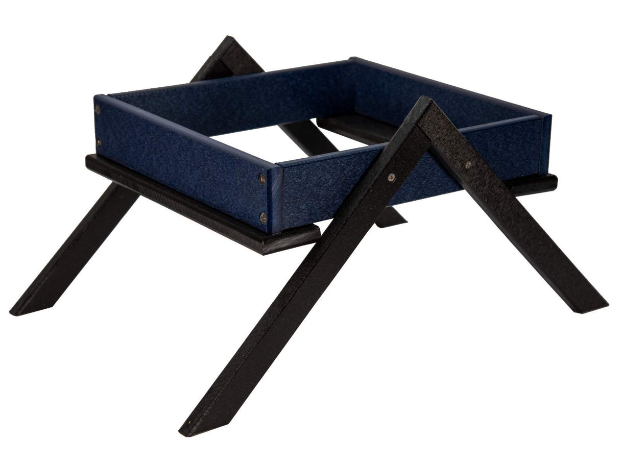 Wooden tray with a navy blue liner and black X-shaped stand showing visible brass colored screws and angled legs