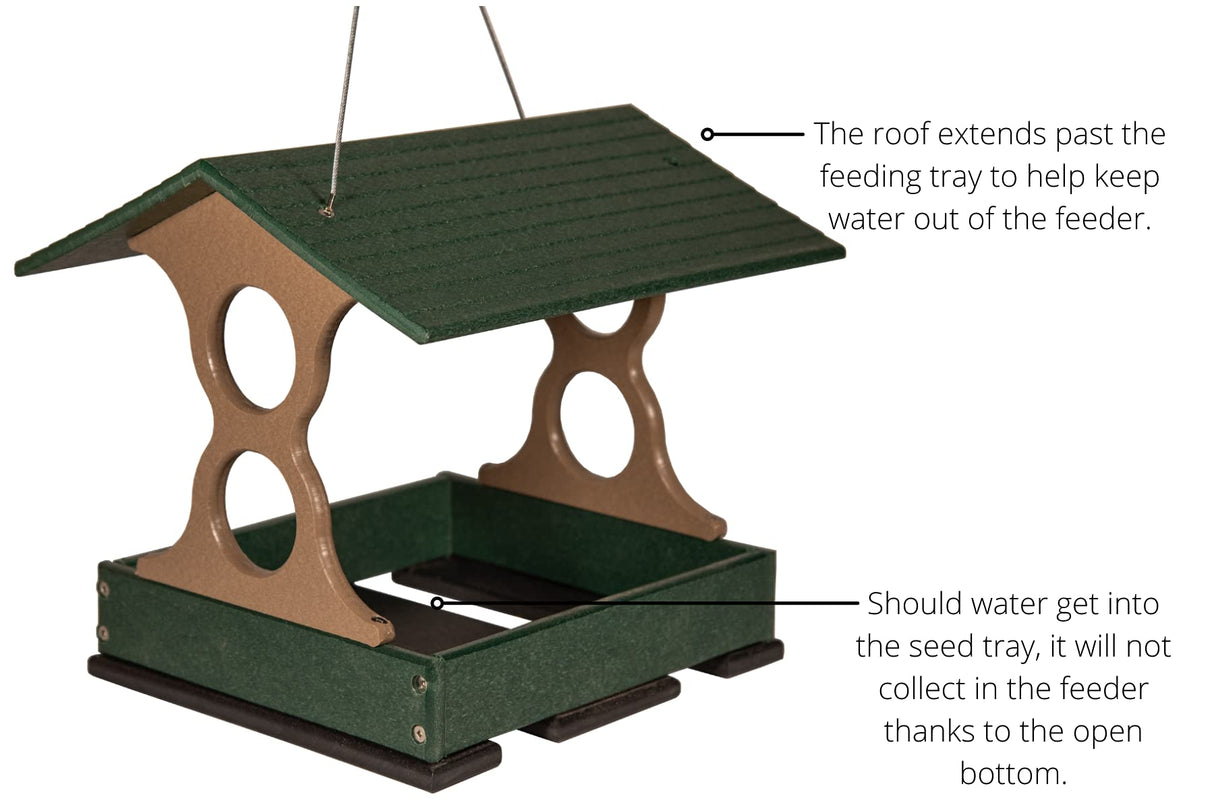 Plastic recycled bird feeder with green roof and taupe accents showing a tray and open bottom for drainage