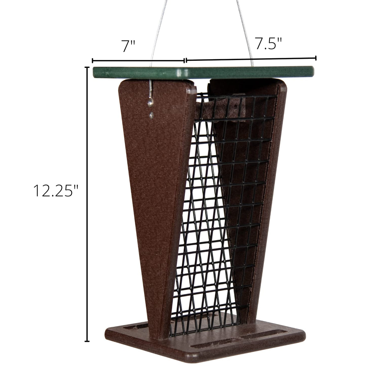 Product shot showing a brown recycled plastic bird feeder with a dark green top and black wire mesh sides hanging against a white background