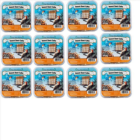 Pine Tree Farms twelve-pack of insect suet cakes shows a woodpecker at a bird feeder against a blue background with orange and brown details