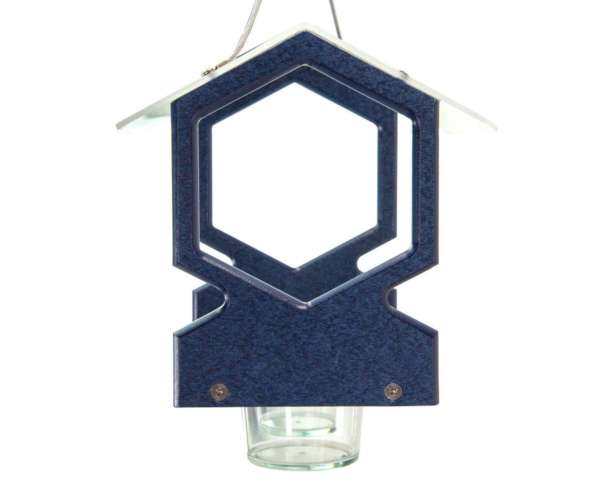 JCS Wildlife Geometric Hanging Bluebird Mealworm Feeder in blue made from recycled poly lumber with two feeding jars.