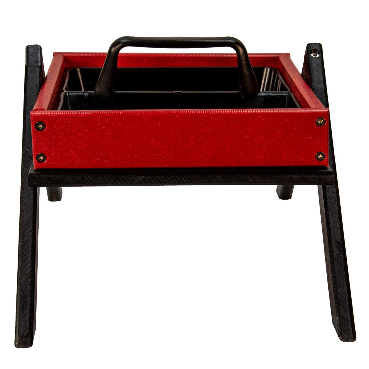 Product photography of a red and black plastic tray with a handle and fold-out legs showing visible screws and textured surfaces