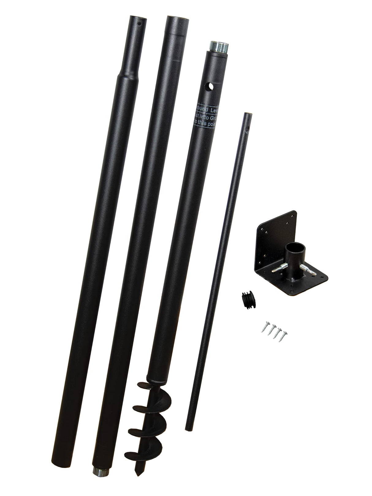 Product shot showing a black metal ground-level flagpole kit with three telescoping poles a ground auger a mounting bracket and screws the kit features a threaded connection and a powder-coated finish
