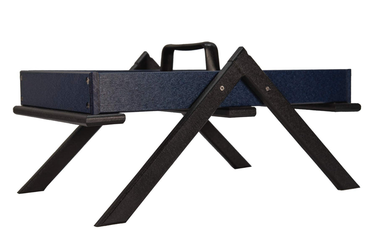 Product photography showing a dark blue rectangular tray with a black handle and an X-shaped black stand featuring a textured surface and visible screws