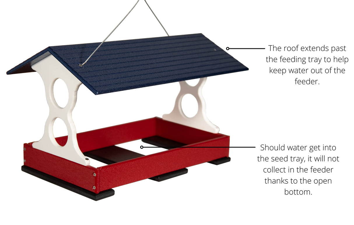 Product shot of a red and navy blue plastic bird feeder with a protective overhang showing a white frame and black feet
