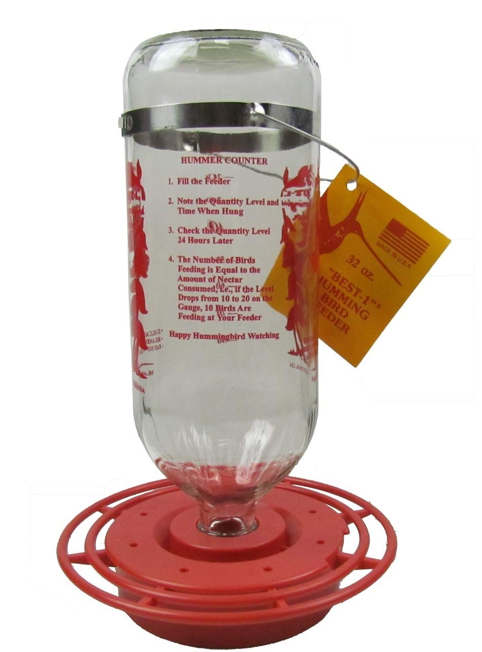 Product photo of a Best-1 32 oz glass hummingbird feeder with a red base showing a hummingbird and instructions for counting birds with vibrant red and orange accents.