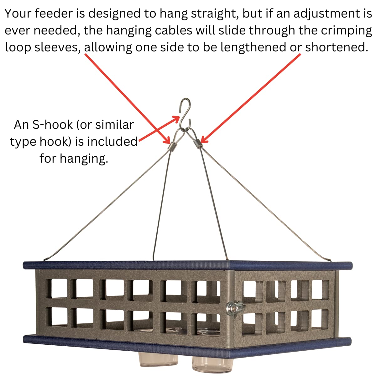JCS Wildlife Recycled Poly Lumber Deluxe Caged Platform Bluebird Feeder with adjustable hanging cables and S-hook.