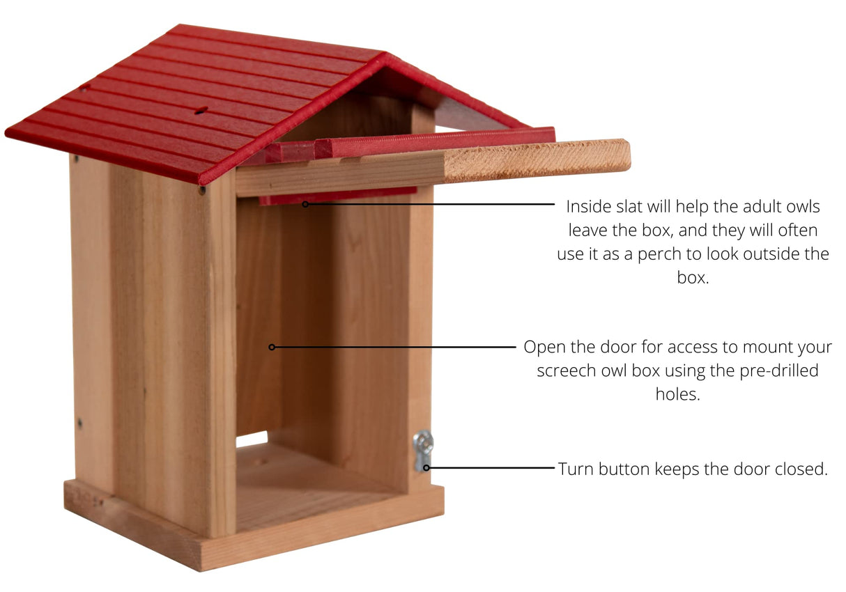 JCS Wildlife Cedar Screech Owl Nest Box with Poly Lumber Roof, detailed view of door and inside slat features.