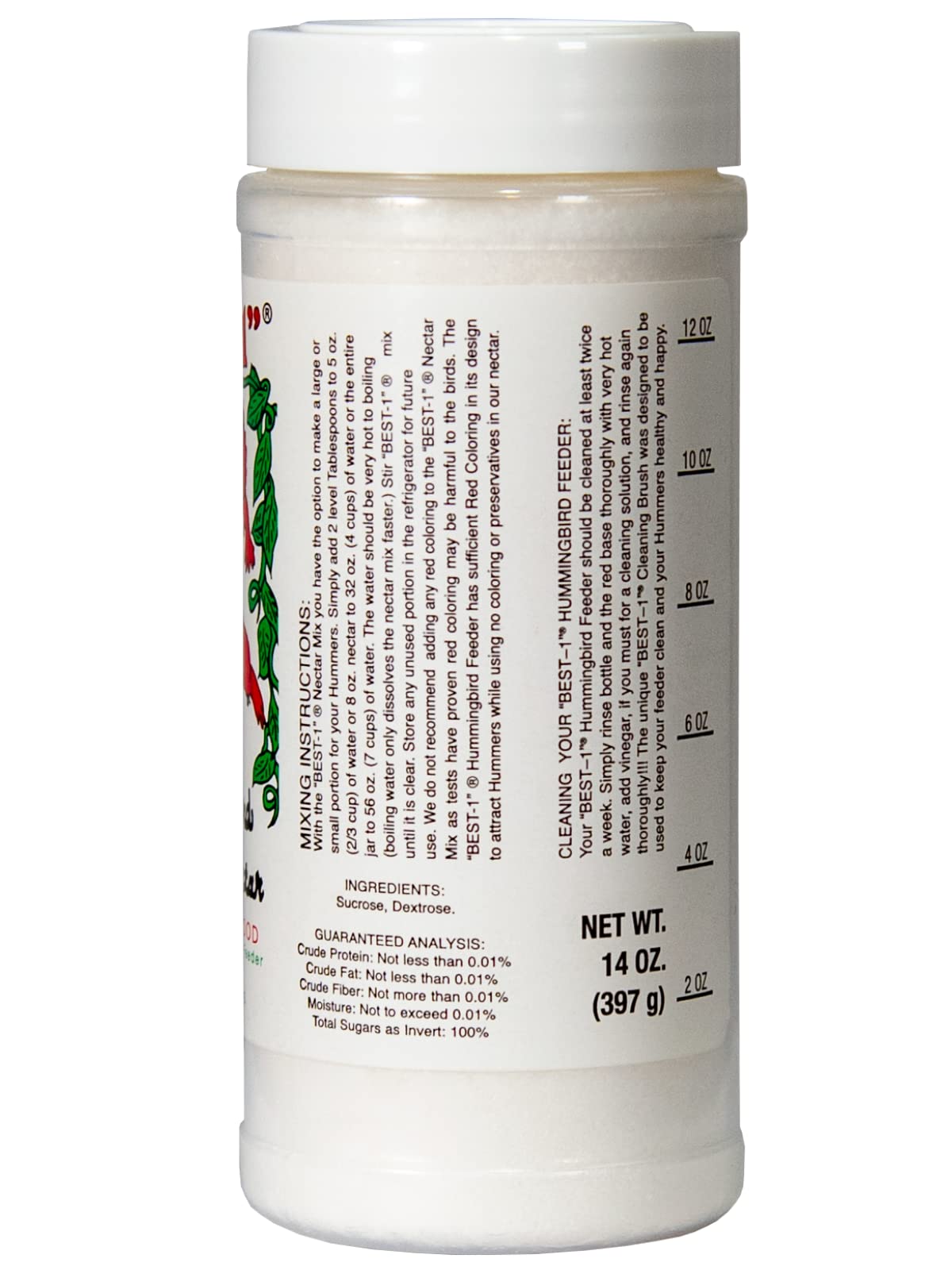 BEST-1 Hummingbird Nectar Mix, a white granular substance in a clear jar, shows mixing instructions and cleaning guidelines for hummingbirds, featuring a red chili pepper logo and measurements ranging from 4 to 12 ounces