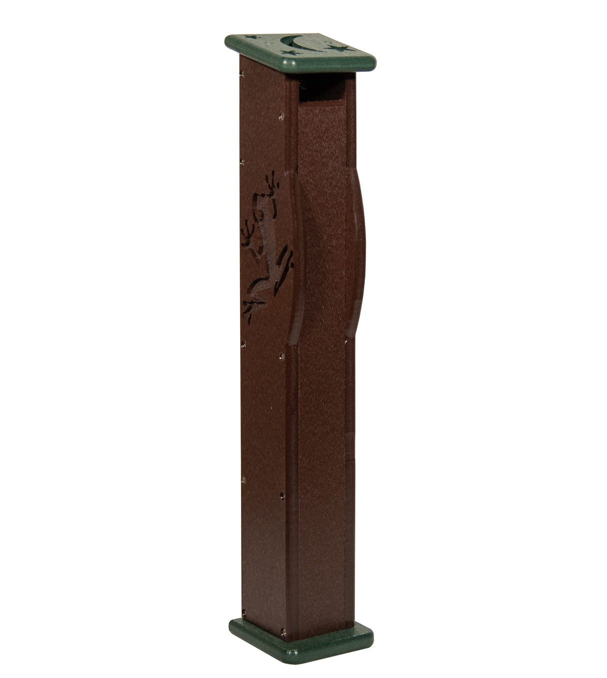 Recycled plastic post featuring a carved frog design with a green top showing a moon and stars a brown body and green base