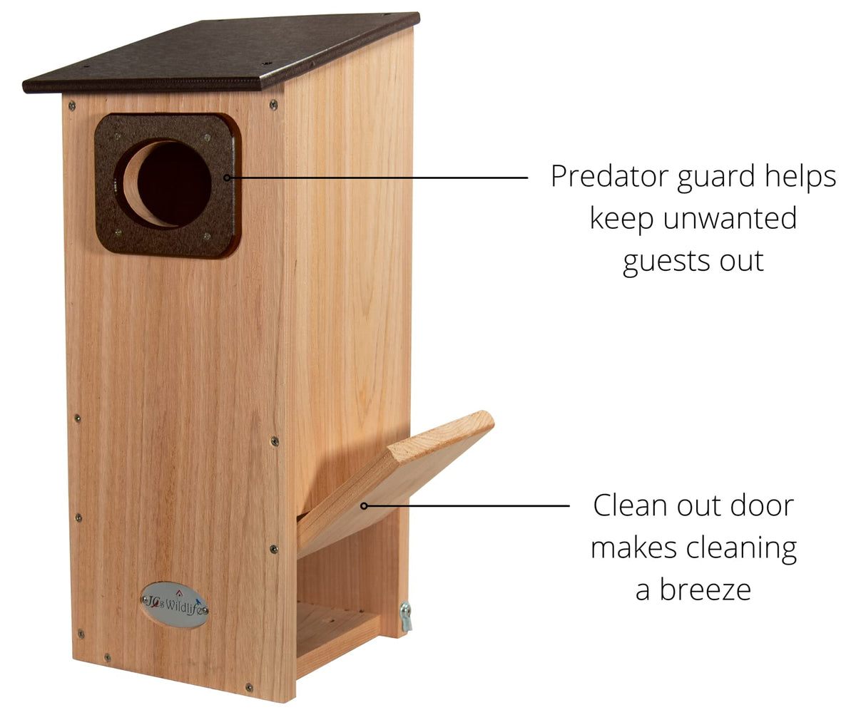 JCS Wildlife Cedar Wood Duck House features predator guard and clean-out door for easy maintenance.
