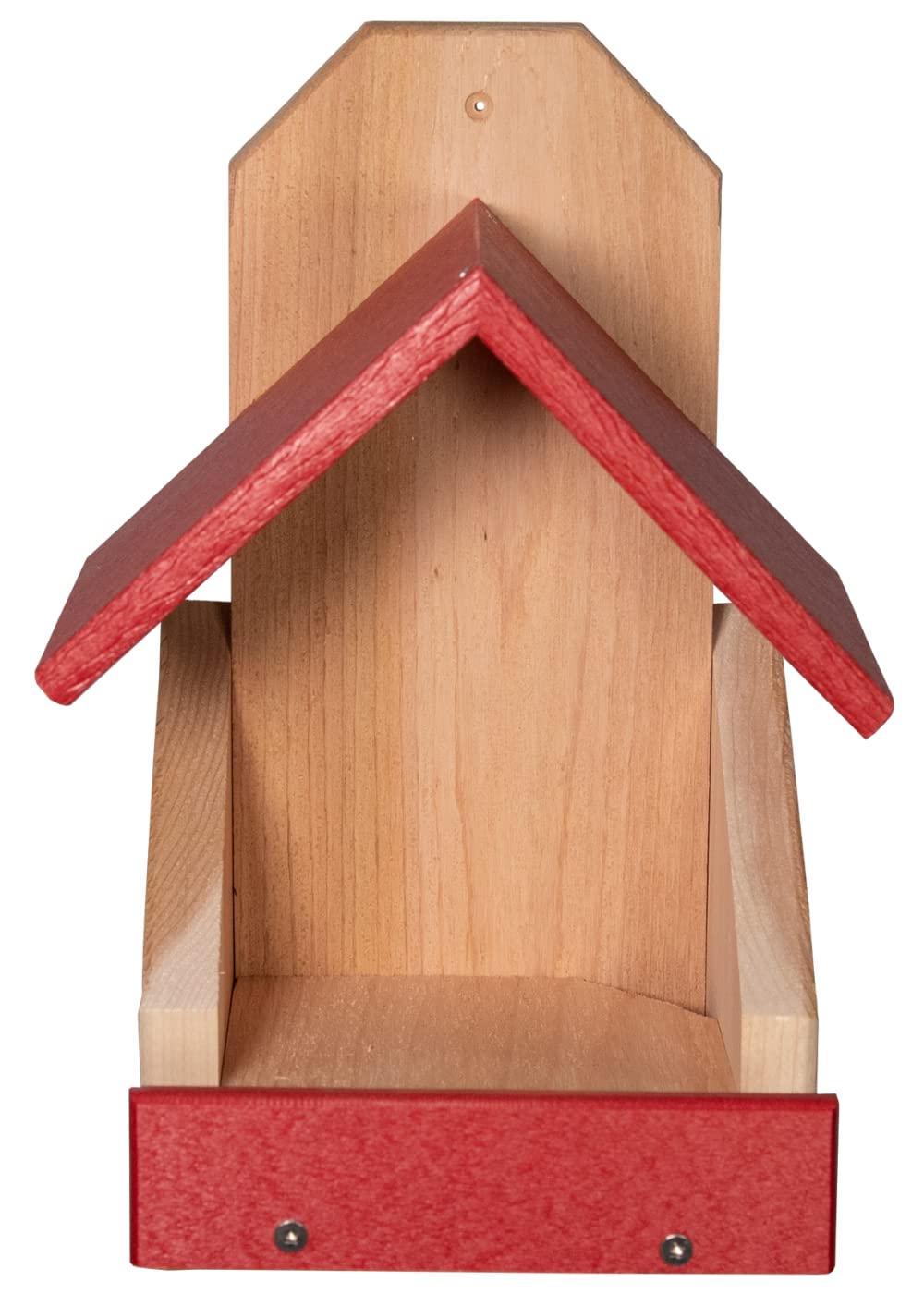Wooden birdhouse with red roof and base showing natural wood grain and small metal fasteners