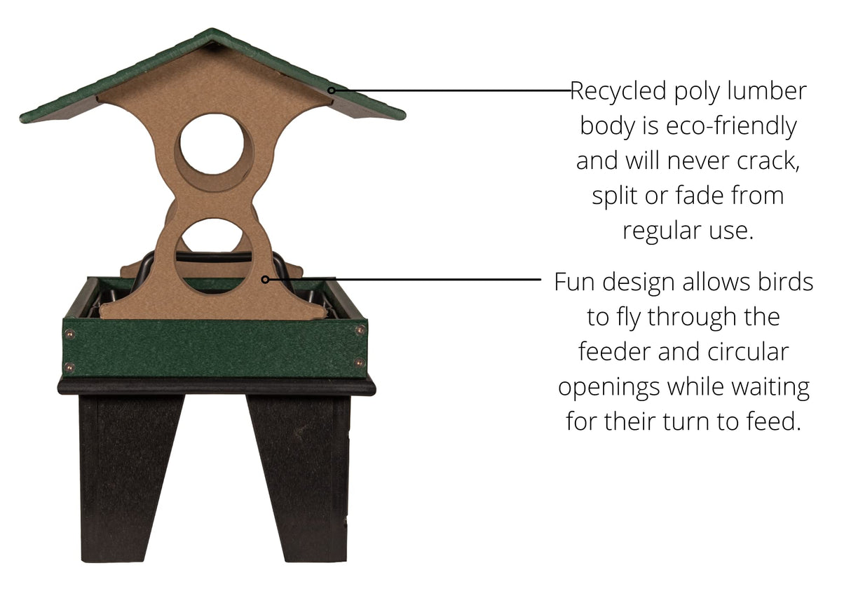 Product shot of a recycled poly lumber bird feeder featuring a dark green base, tan body with two circular openings and a peaked roof showcasing eco-friendly design and durable construction