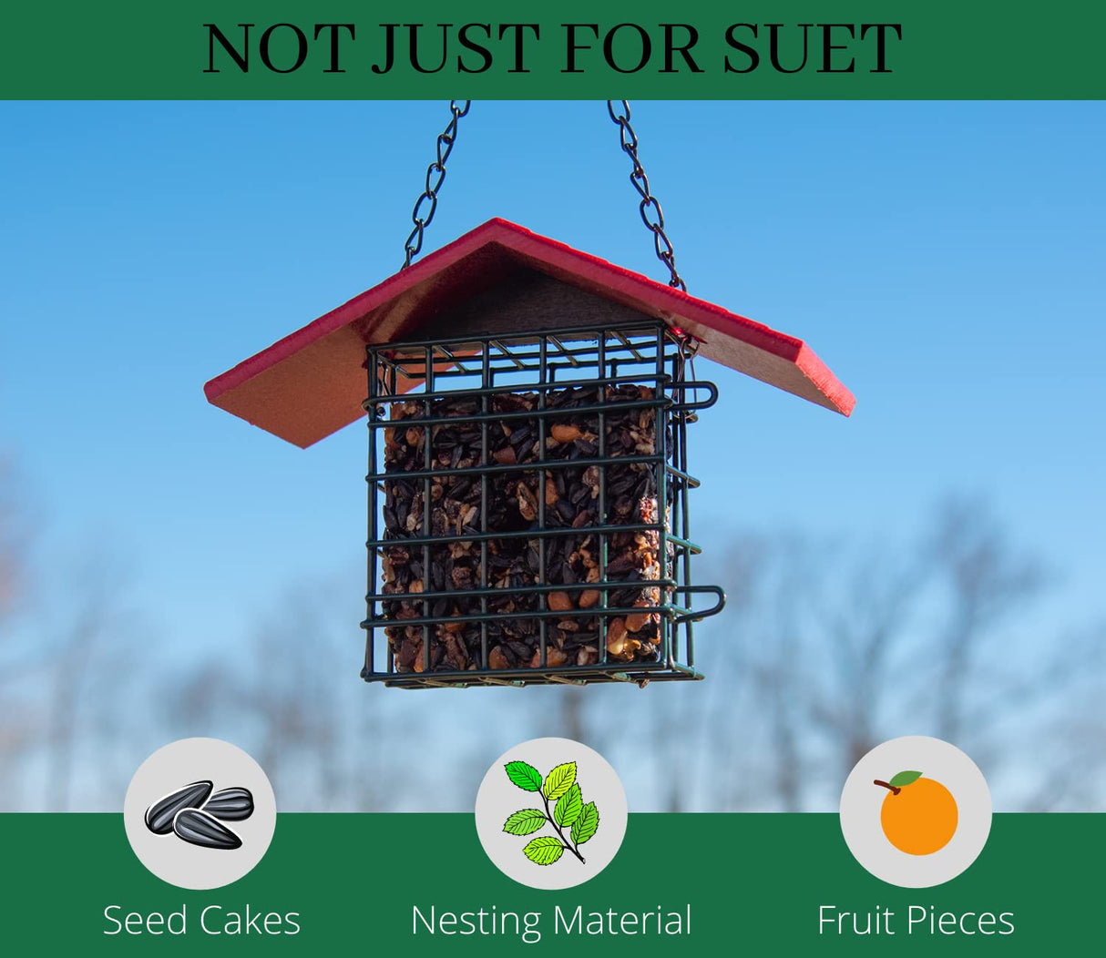 JCS Wildlife Single Suet Cage with Poly Lumber Roof, ideal for seed cakes, nesting material, and fruit pieces.