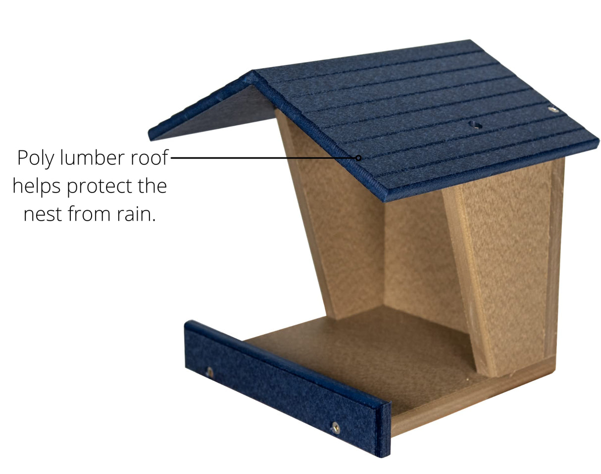 JCs Wildlife Modern Style All Poly Lumber Robin Roost features a poly lumber roof to protect nests from rain.