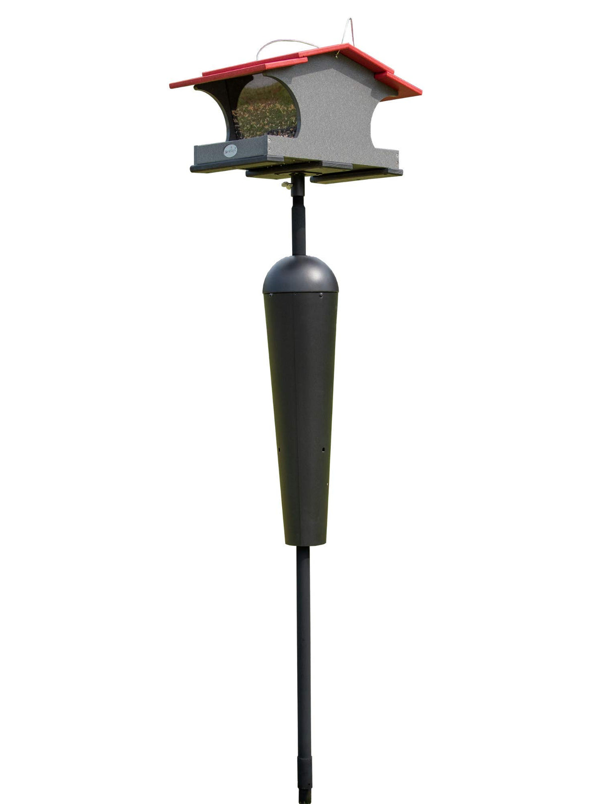 Product shot of a gray and red bird feeder with a black squirrel baffle on a tall pole against a white background showcasing the bird feeder's unique design and vibrant colors