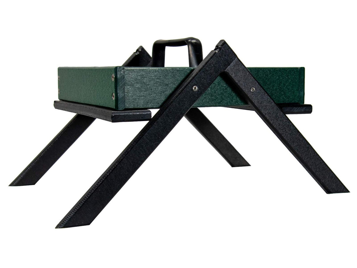 Product photography of a dark green rectangular tray with a black handle and stand featuring a textured surface and visible screws