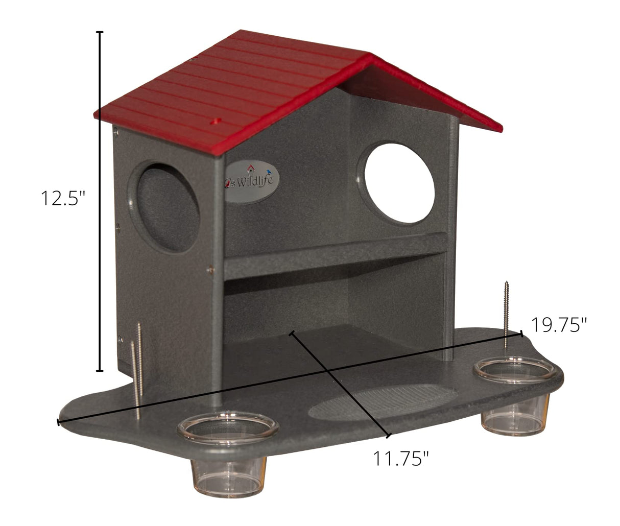 JCS Wildlife Squirrel Snack Station in gray and red, featuring two water cups and buffet area for peanuts and fruits.