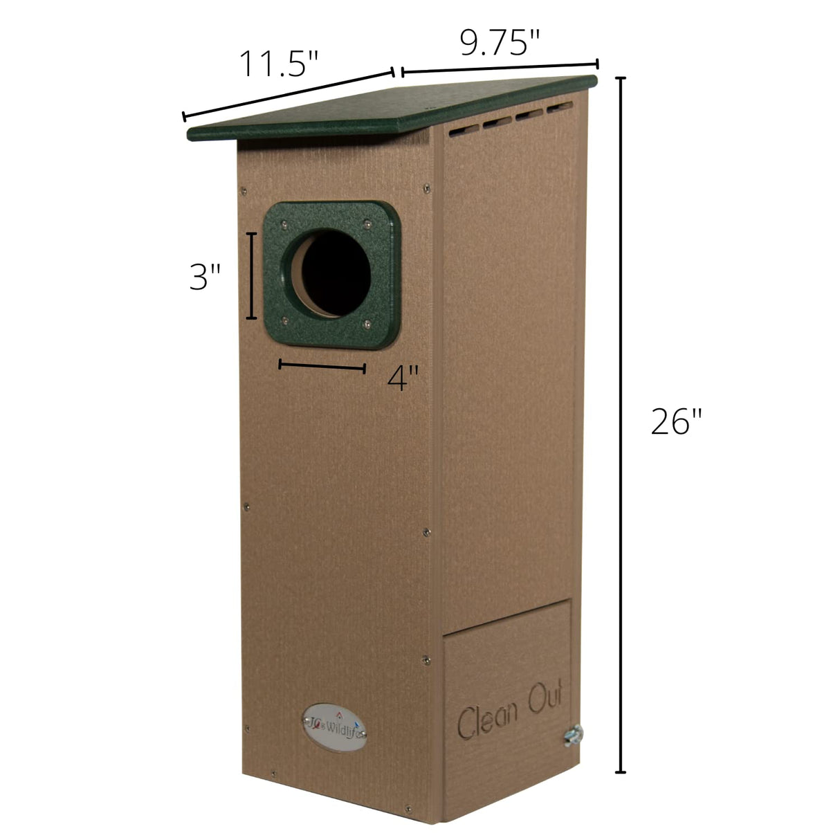 Diagram showing a Joes Wildlife 26 inch tall recycled plastic birdhouse with a green roof a 3 inch diameter entry hole and a convenient clean-out door at the base