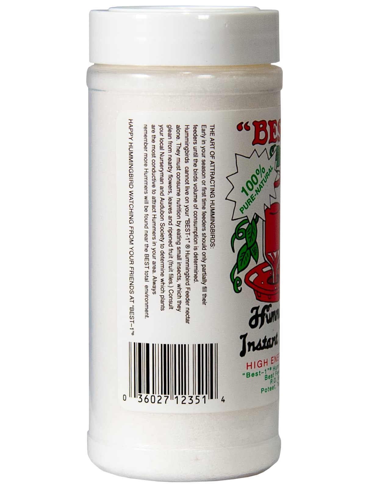 Product label featuring Best-1 Hummingbird Feeder Instant Energy, a white jar with red and green hummingbird feeder graphic and barcode showing 100% pure natural ingredients