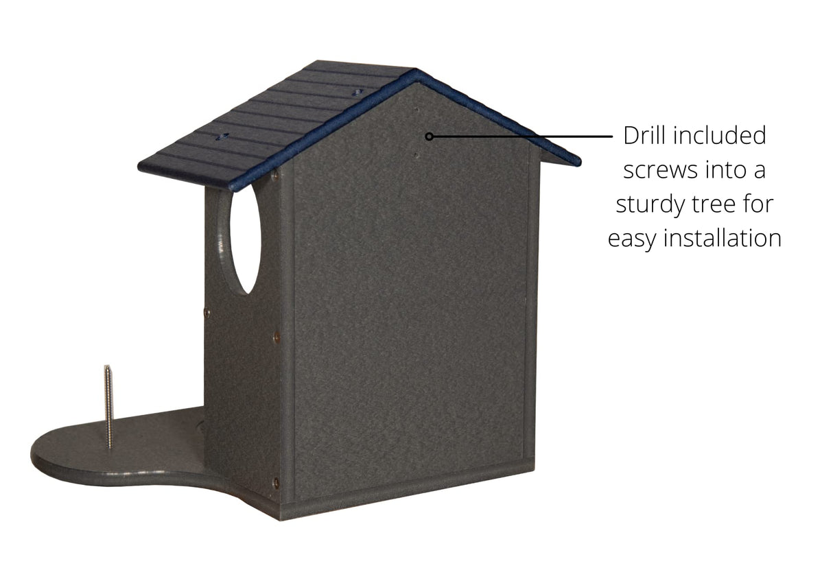 JCS Wildlife Squirrel Snack Station showing easy installation with included screws for tree mounting.