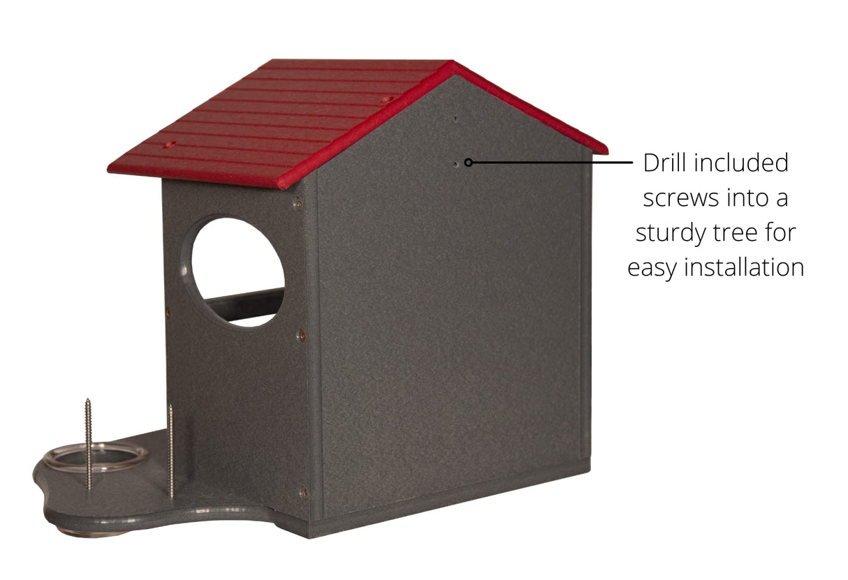 JCS Wildlife Squirrel Snack Station showing installation guide for easy setup on a sturdy tree.