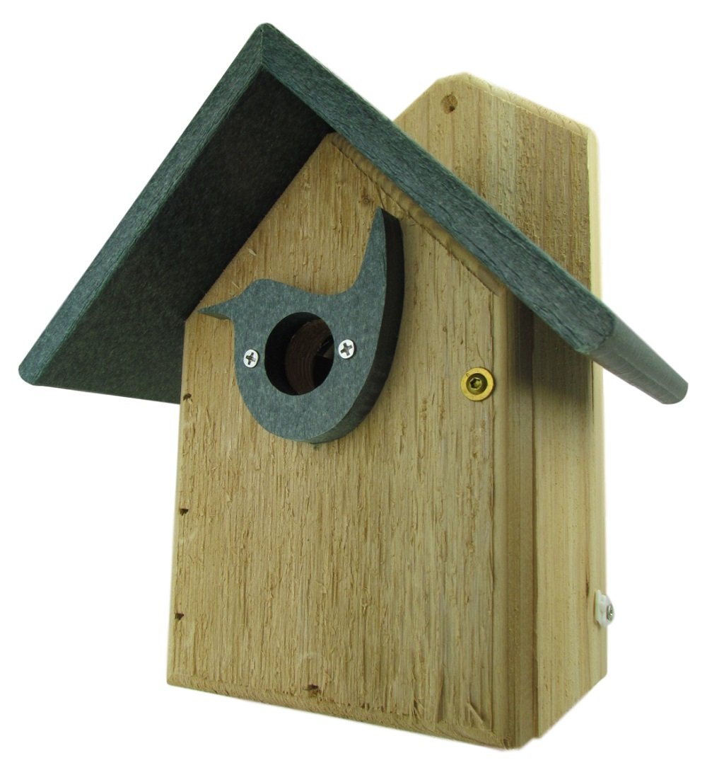 Wooden birdhouse with a dark green roof and bird-shaped entrance hole featuring brass screws and a light wood grain texture