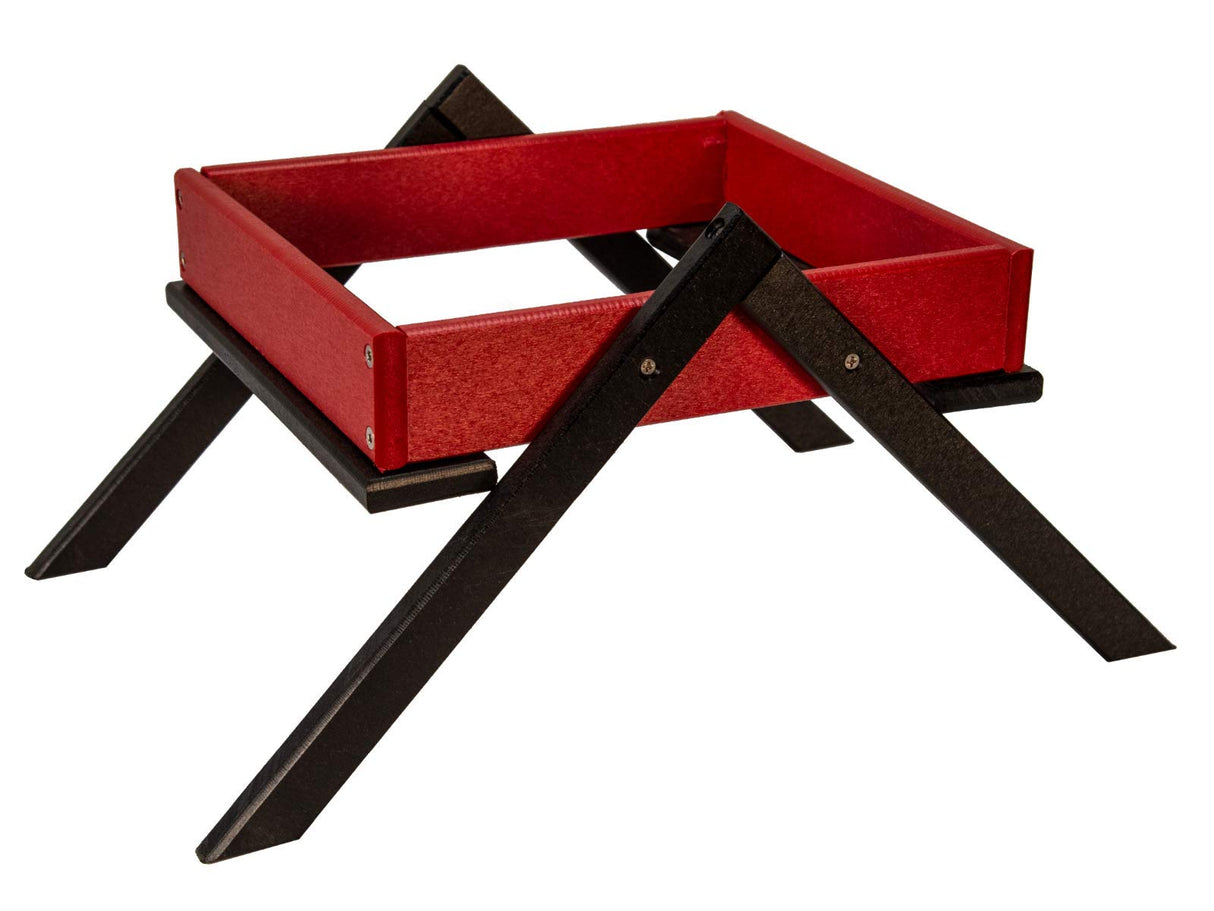 Red and black wooden tray with an X-shaped base showing visible screws and a textured red finish