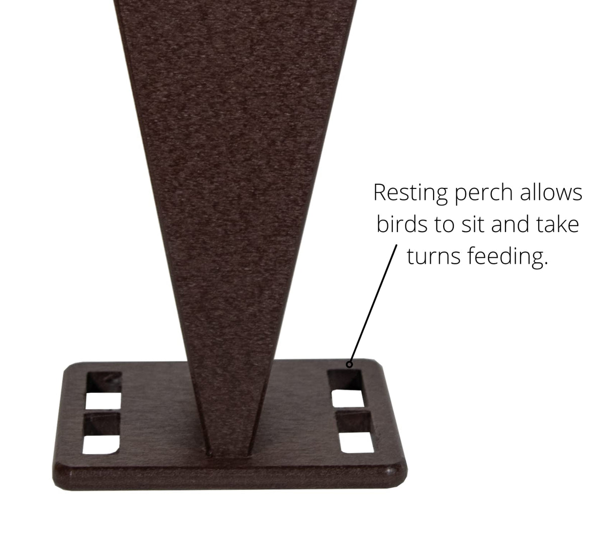 Product shot of a dark brown plastic bird feeder stand with a textured surface and square cutouts for drainage showing a resting perch for birds to take turns feeding