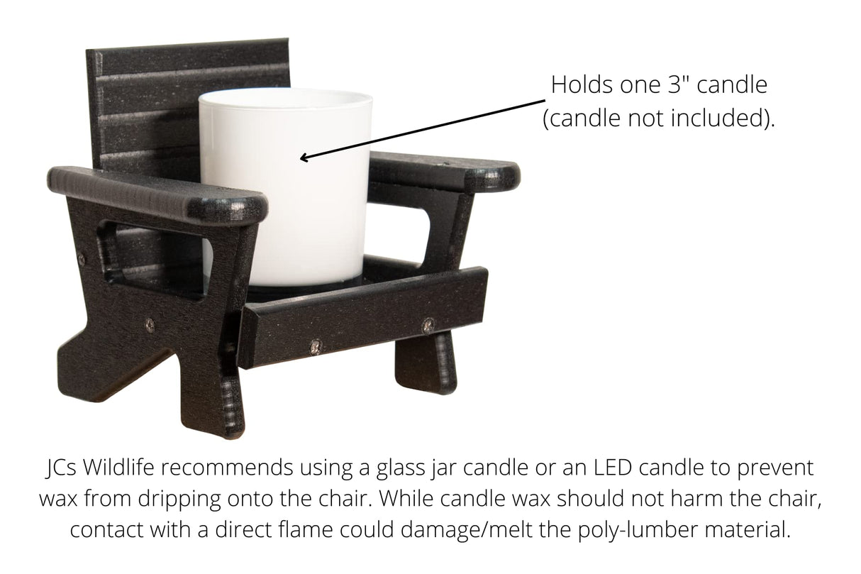 JCS Wildlife Mini White Adirondack Chair Candle Holder displaying a 3" candle, perfect for indoor or outdoor use.