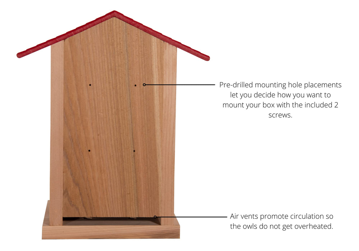 JCS Wildlife Cedar Screech Owl Nest Box features pre-drilled holes and air vents for proper circulation and mounting.