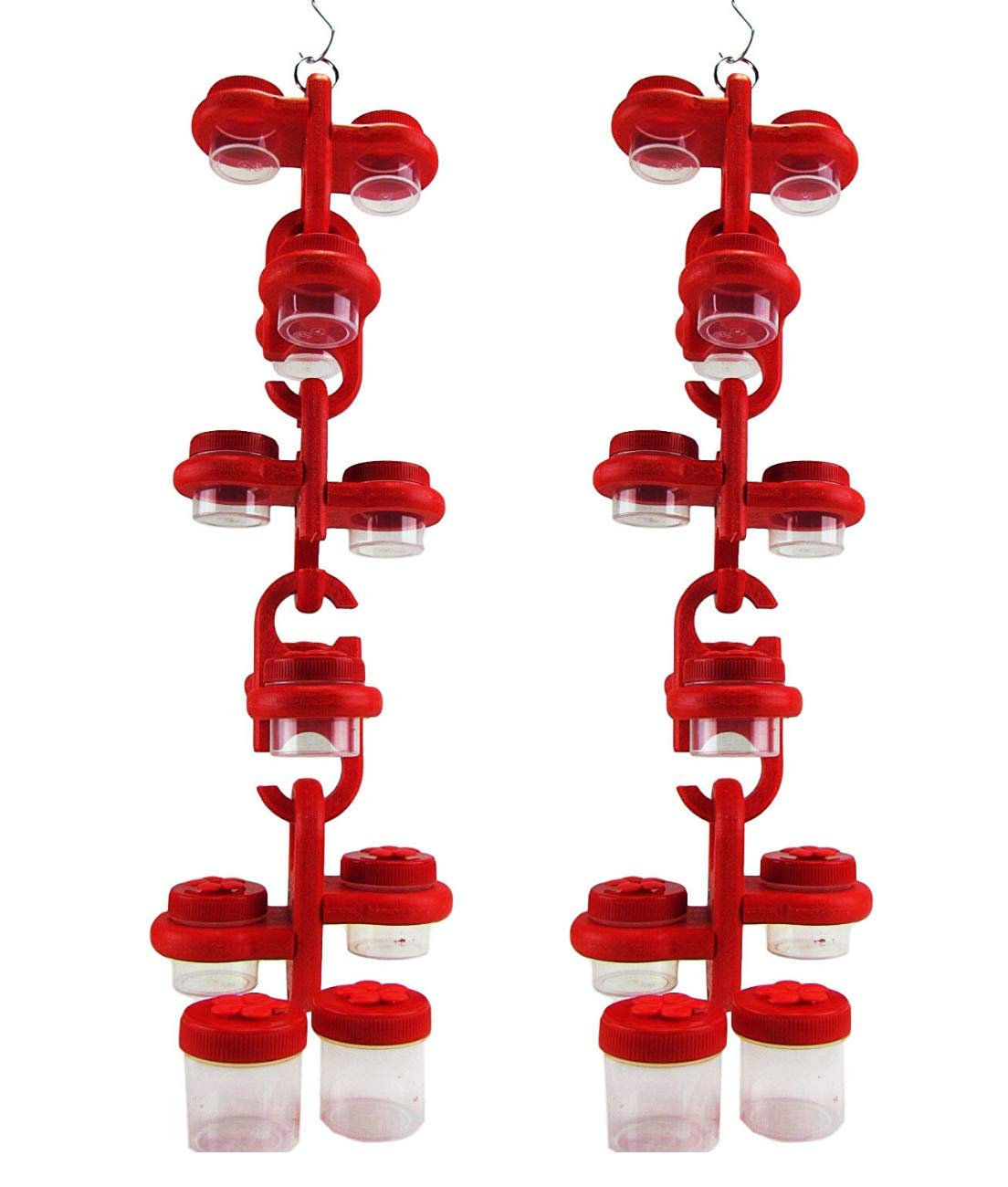 Product photography of two red plastic hummingbird feeders with clear jars and flower-shaped lids hanging against a white background