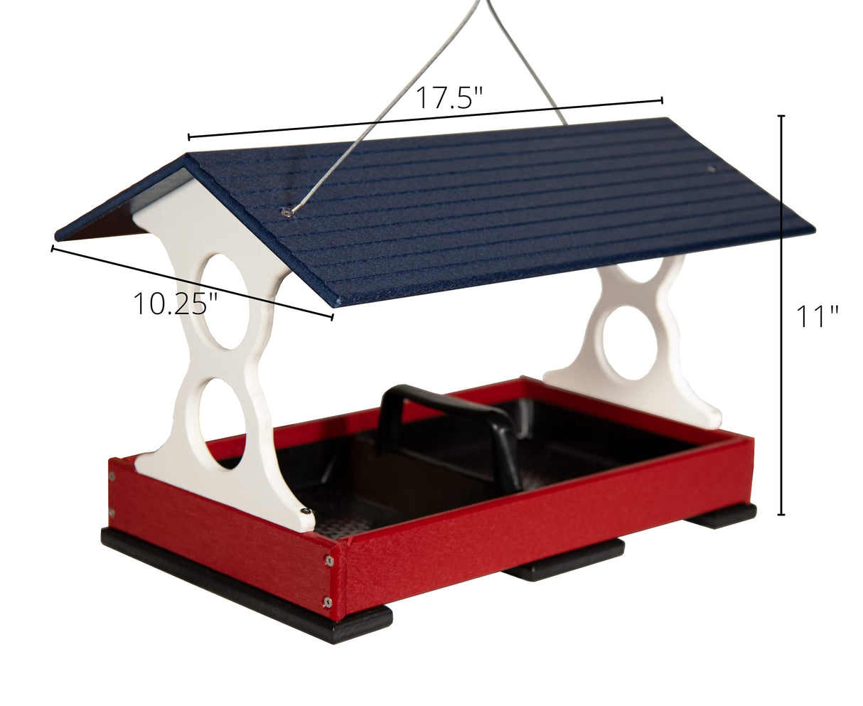 Product shot of a red and navy blue plastic bird feeder with a protective roof featuring two circular cutouts and black base supports on a white background