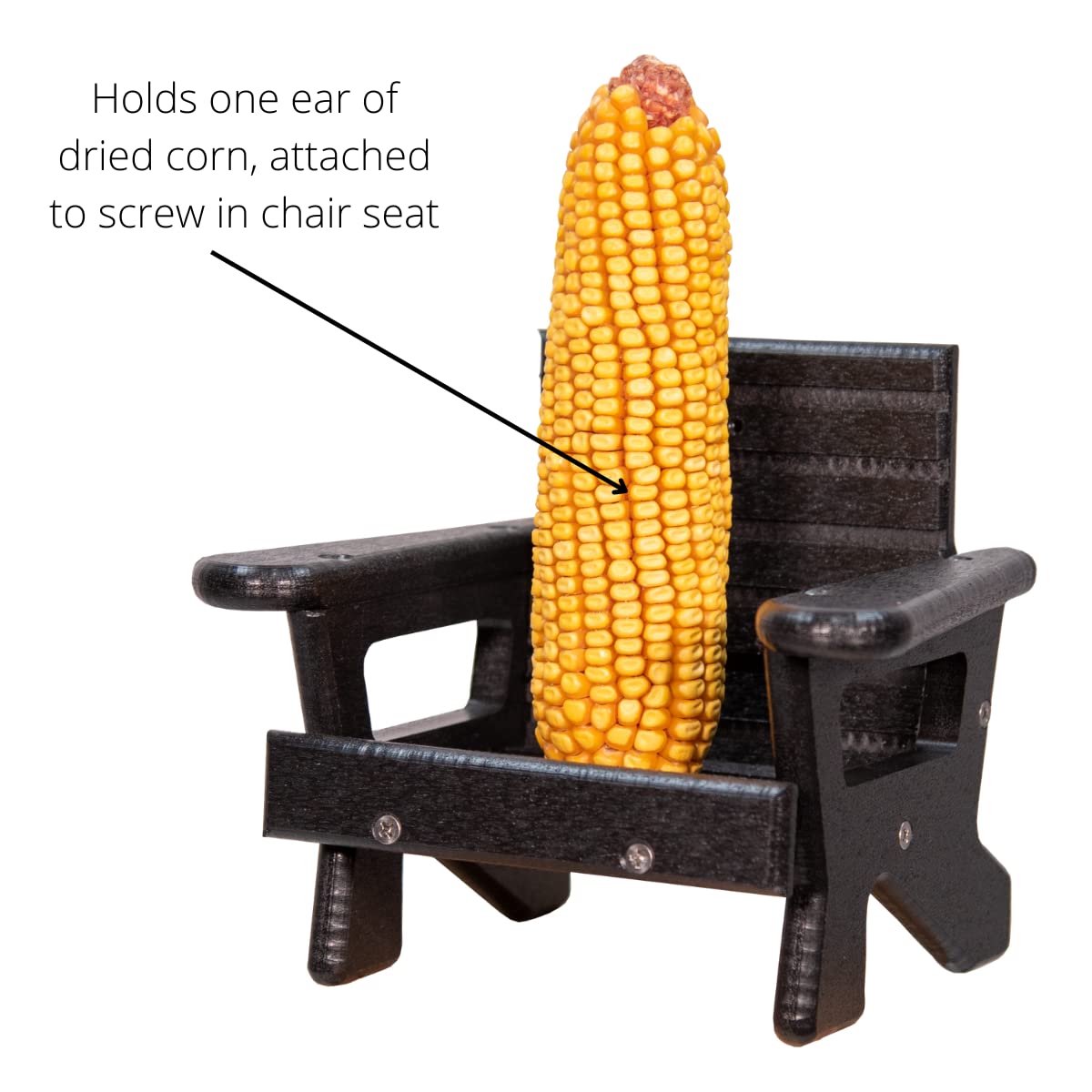 JCS Wildlife Black Squirrel Chair Feeder holding one ear of dried corn, designed for squirrels to snack comfortably.
