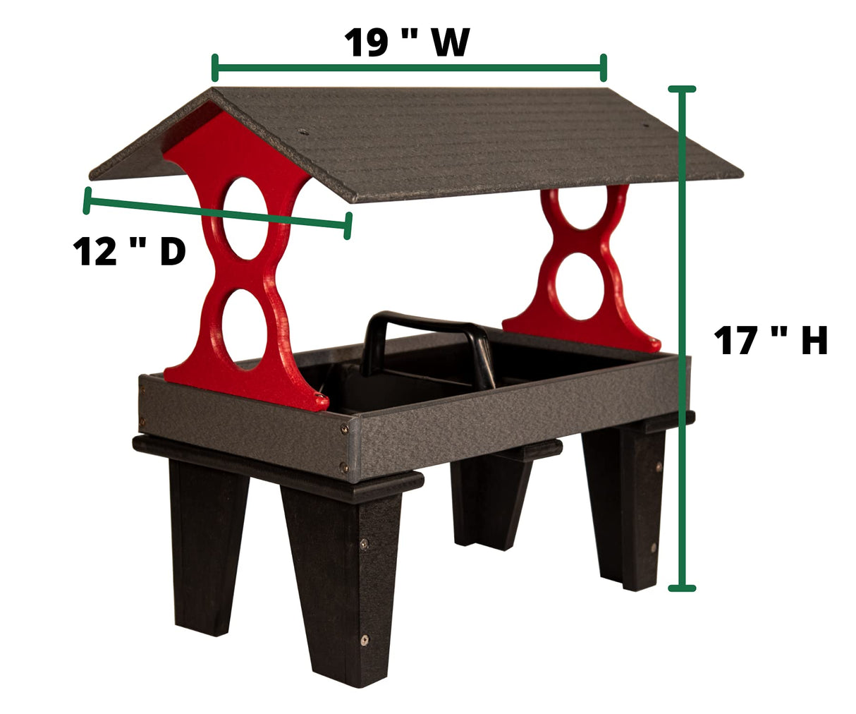 Product shot of a red and gray plastic bird feeder with a peaked roof and sturdy legs against a white background showing dimensions 19W x 12D x 17H