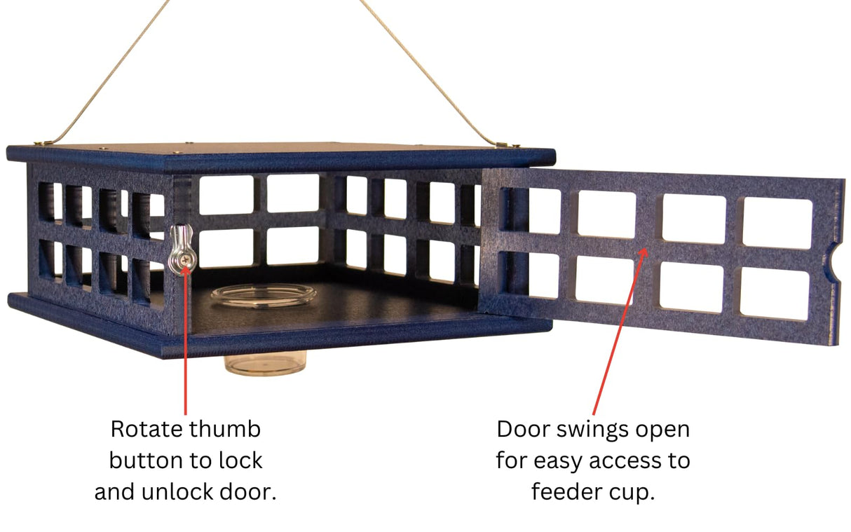 JCS Wildlife Recycled Poly Lumber Caged Platform Bluebird Feeder showing locking door and feeder cup access.