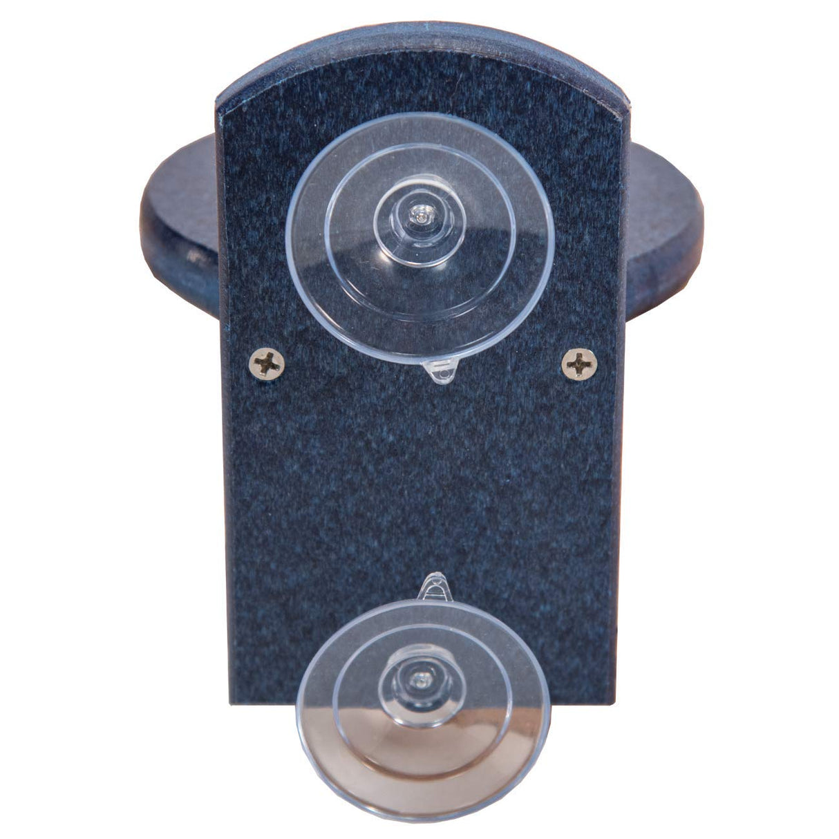 Product shot of a dark-blue plastic suction cup hummingbird feeder with two clear cups and silver screws