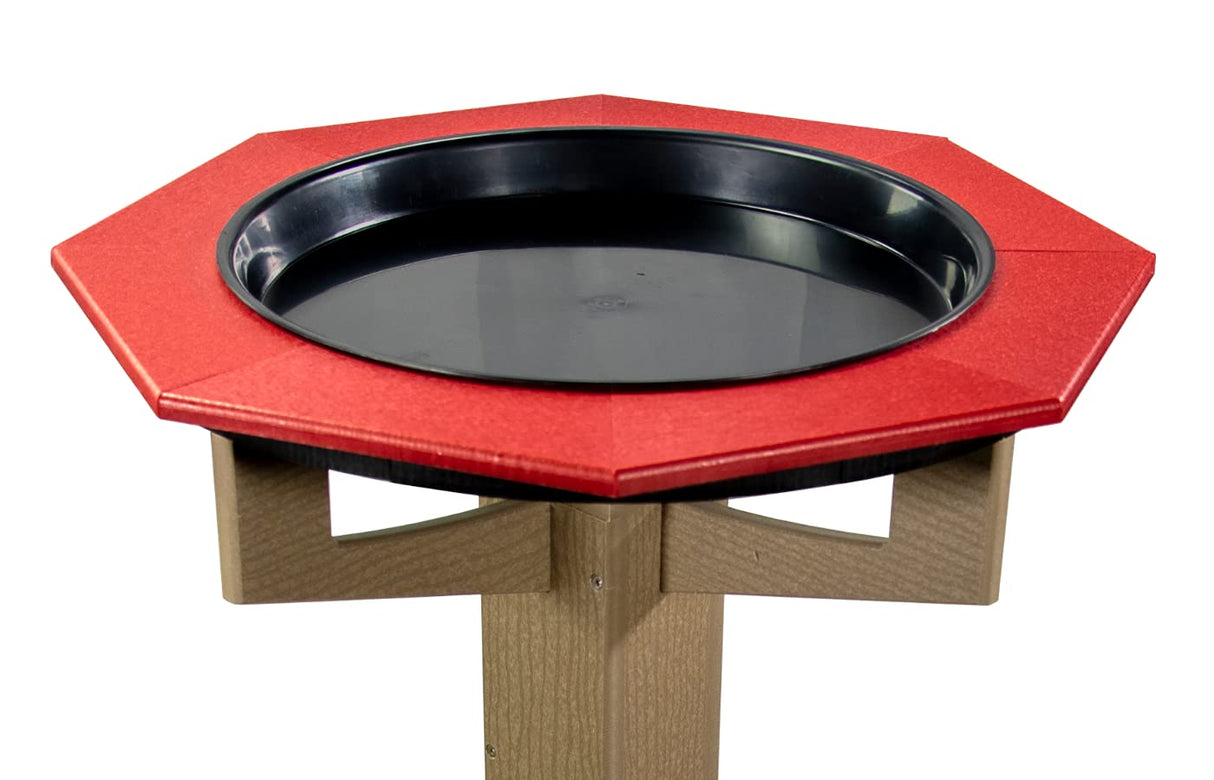 Close-up of JCS Wildlife Poly Lumber Tan Pedestal Garden Bird Bath with red rim and black basin, ideal for attracting birds.
